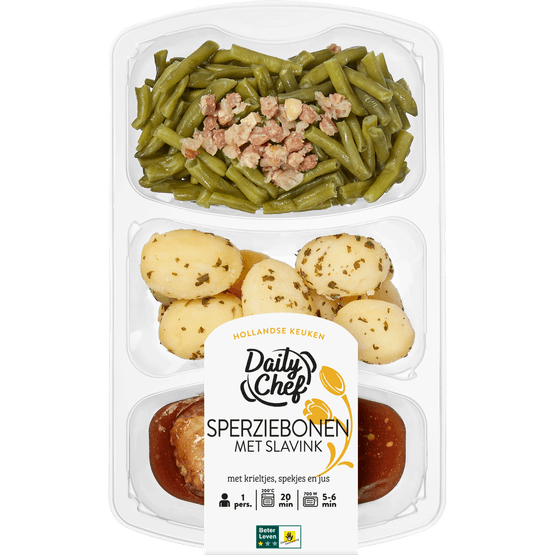 Daily Chef Sperziebonen met slavink krieltjes spekjes en jus - Dirk