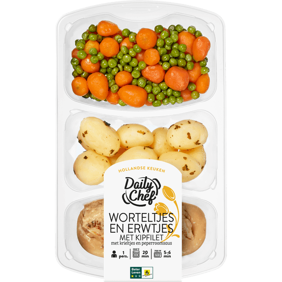 Daily Chef Worteltjes en erwtjes met kipfilet krieltjes en peperroomsaus - Dirk