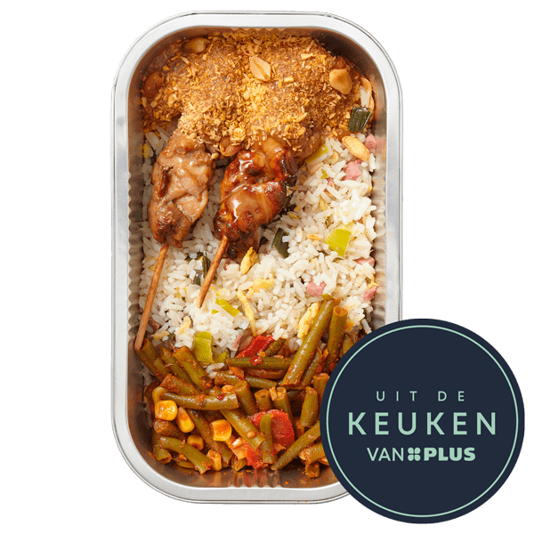 Uit de keuken van PLUS Kipsaté Nasi Pittige Boontjes - PLUS