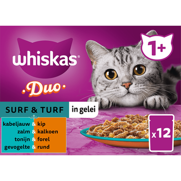 Whiskas 1+ Kattenvoer - Duo Surf & Turf in gelei - maaltijdzakjes - JUMBO