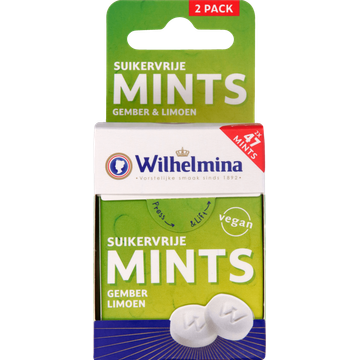 Wilhelmina Mints Suikervrij Gember Limoen 2x30g - JUMBO